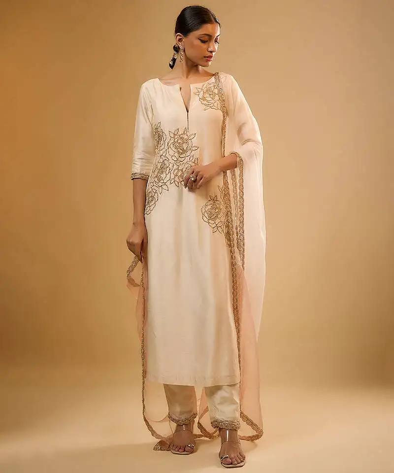 Ivory floral embroidered dupion silk kurta set