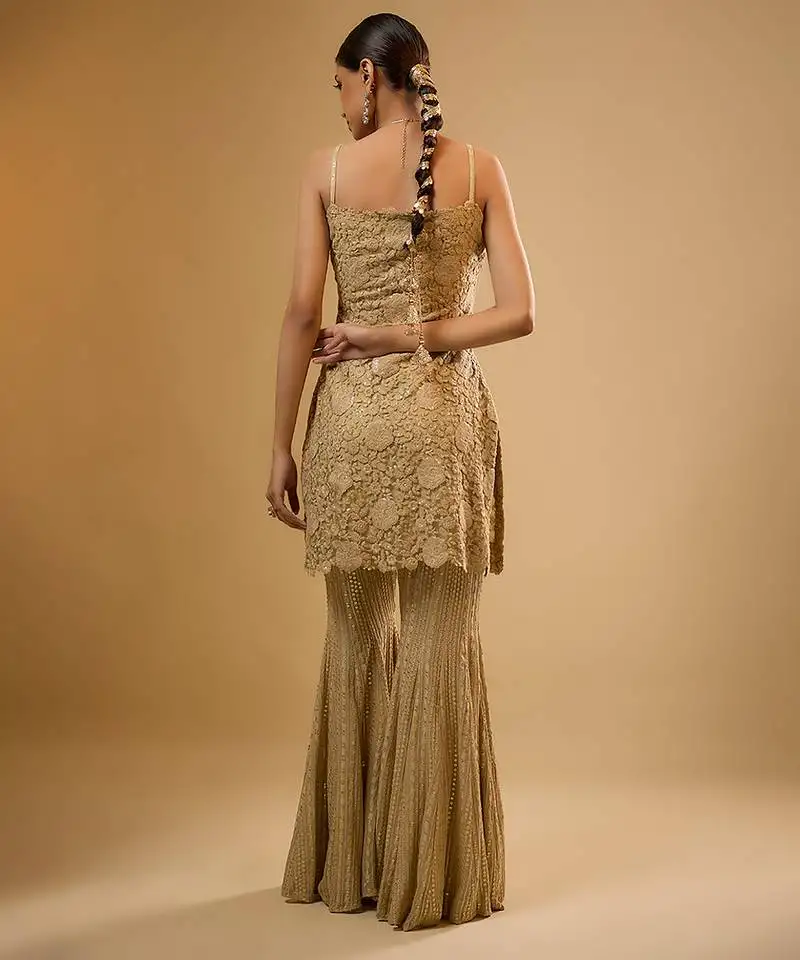 Gold floral embroidered net sharara