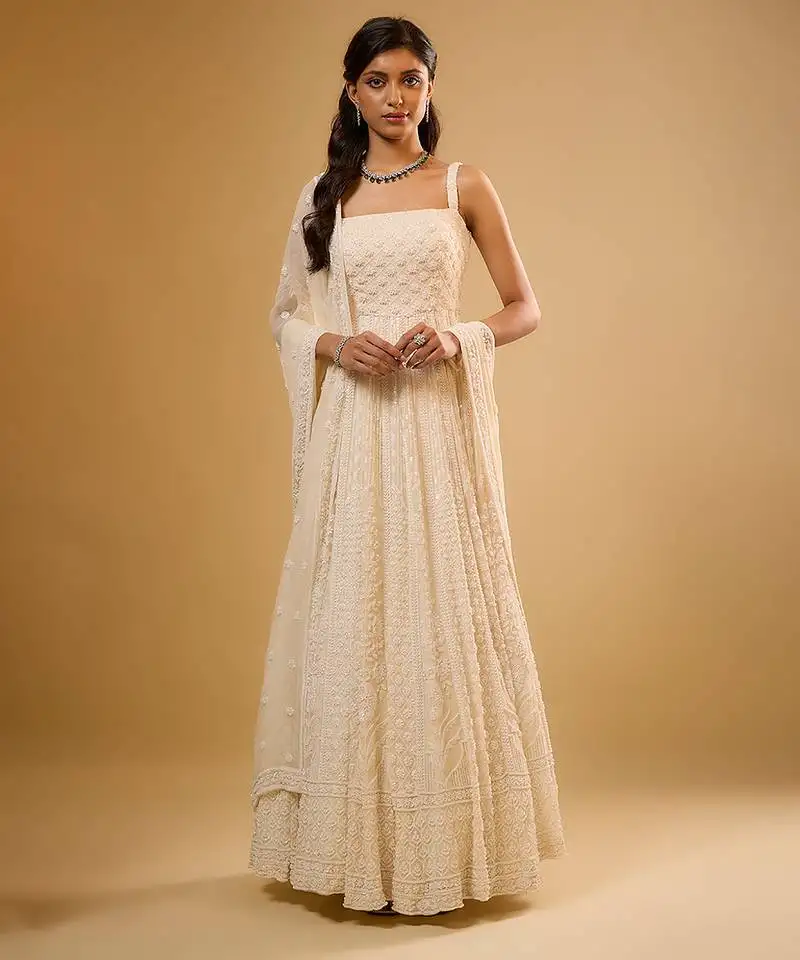 Ivory floral embroidered georgette anarkali