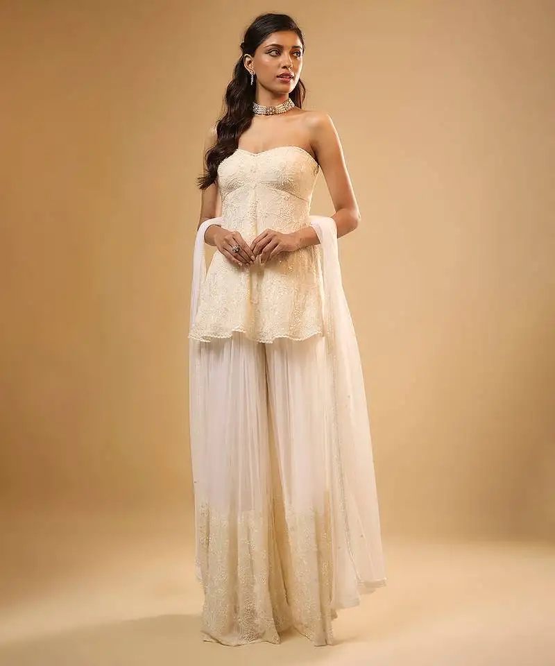 Ivory floral embroidered georgette sharara