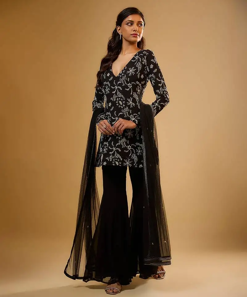 Black floral embroidered georgette sharara
