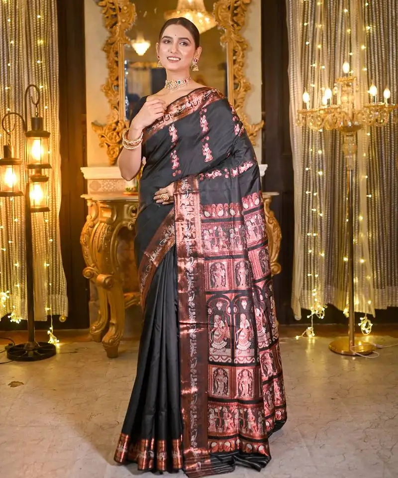 Black pure handwoven swarnachari silk saree with exquisite zari minakari work in dual color