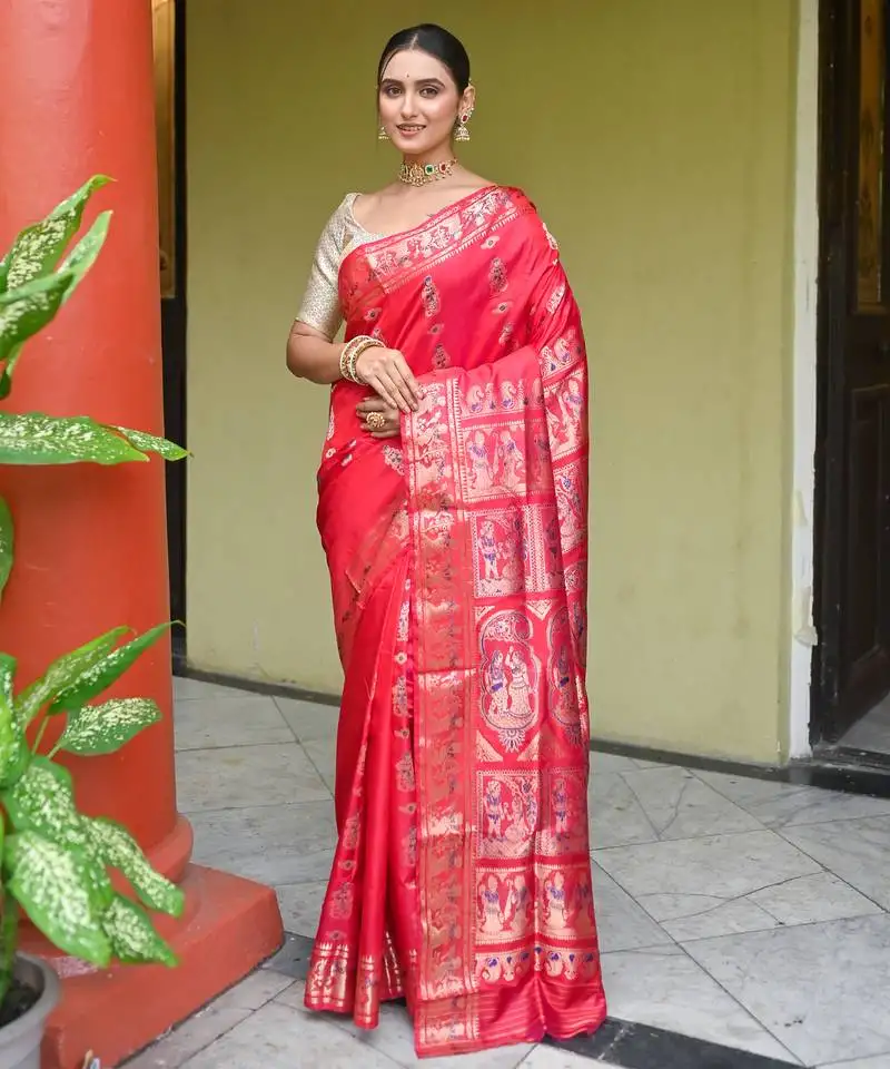 Red pure handwoven swarnachari silk saree with exquisite zari minakari work in dual color