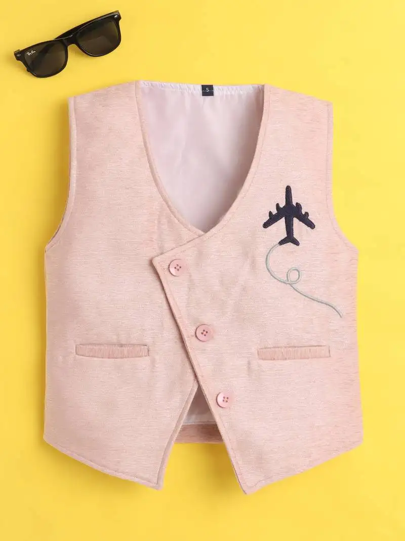 Baby pink velvet woven sleeveless embriodered waistcoat