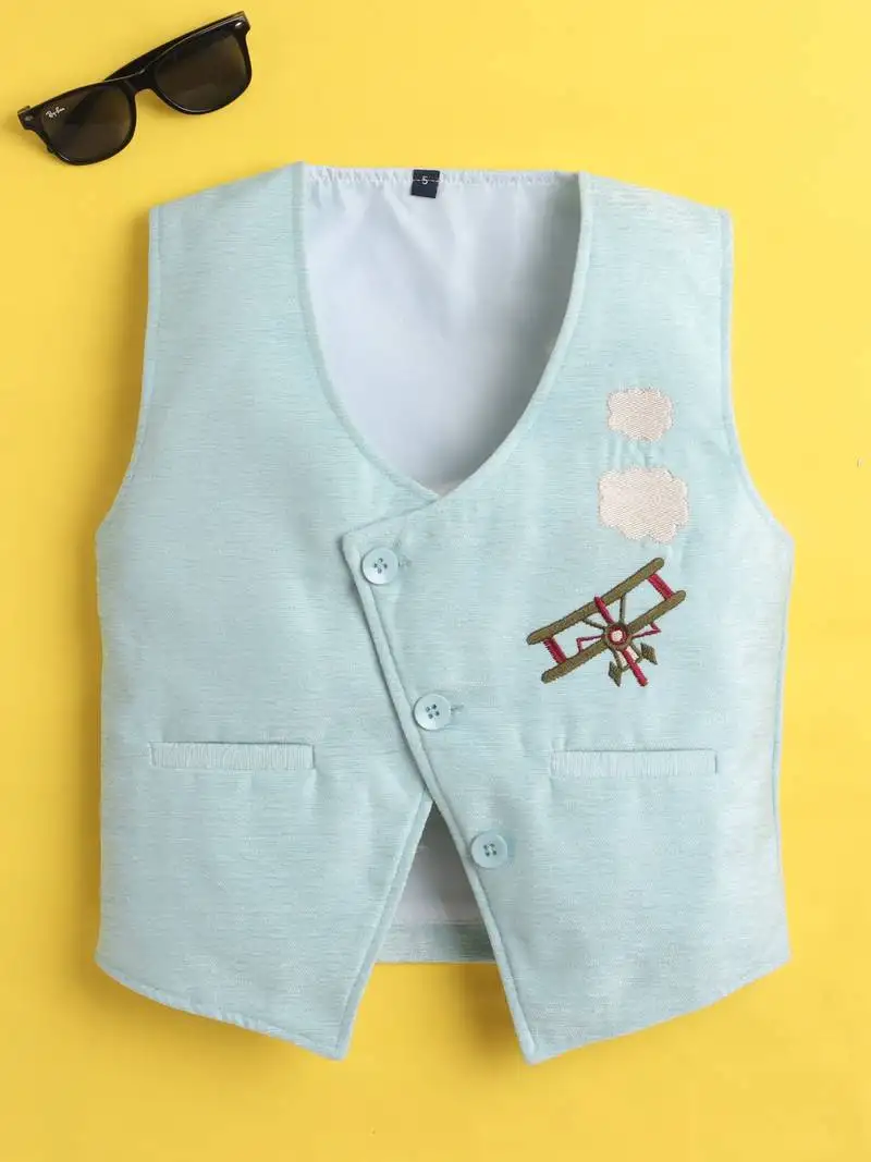 Sky blue velvet woven sleeveless embriodered waistcoat