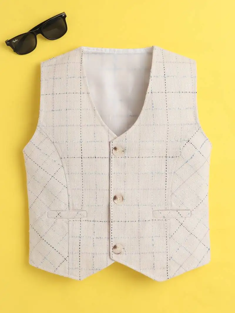 Beige cotton woven sleeveless checks waistcoat