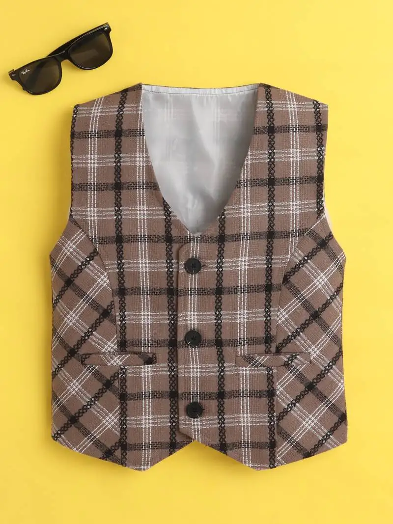 Brown cotton woven sleeveless checks waistcoat