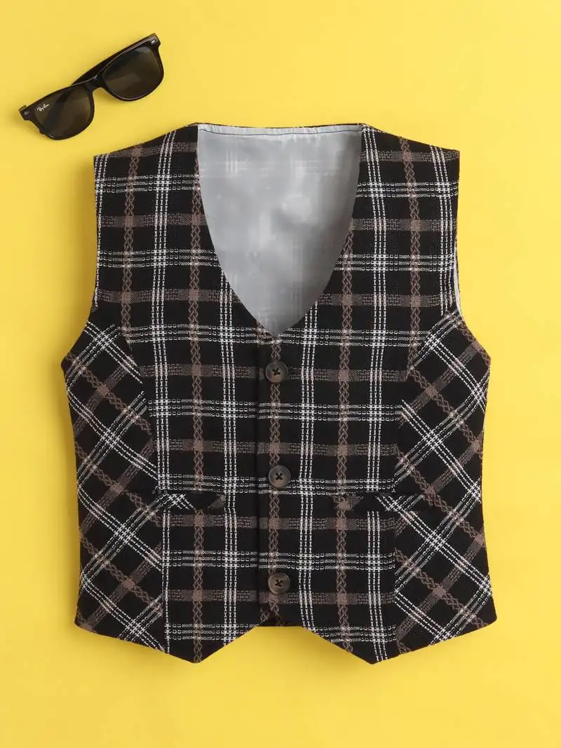 Black cotton woven sleeveless checks waistcoat