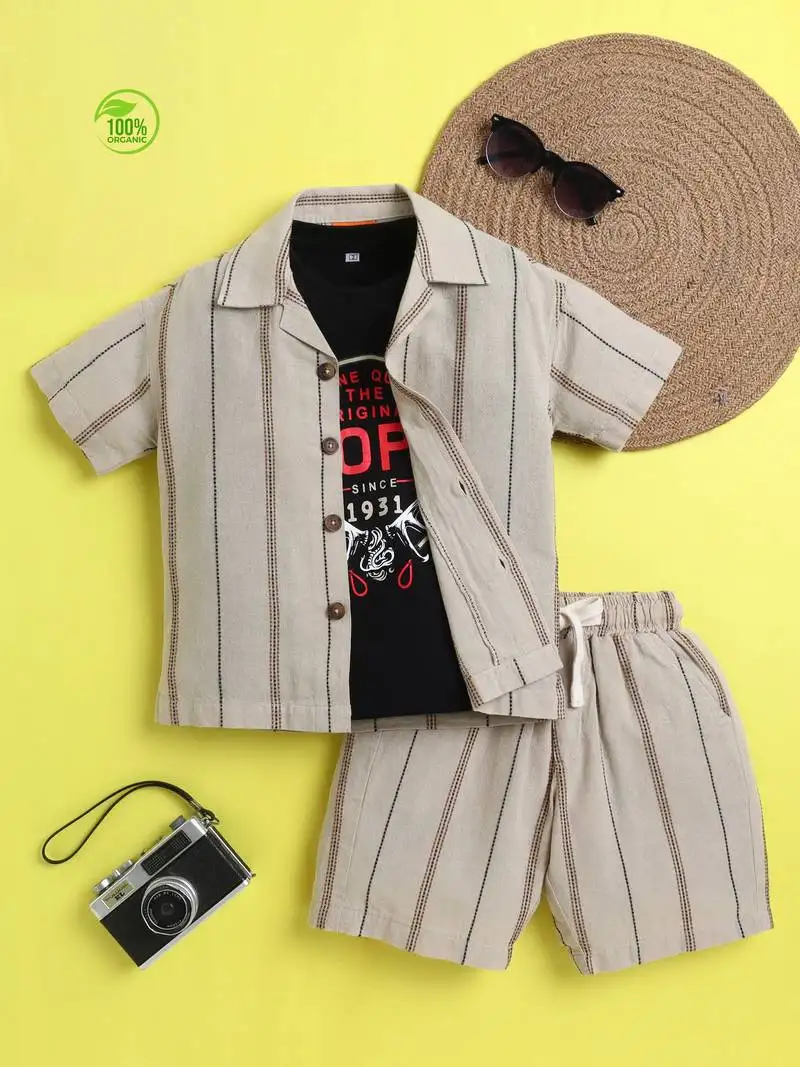Brown organic cotton woven striped shirt and short set with solid tshirt