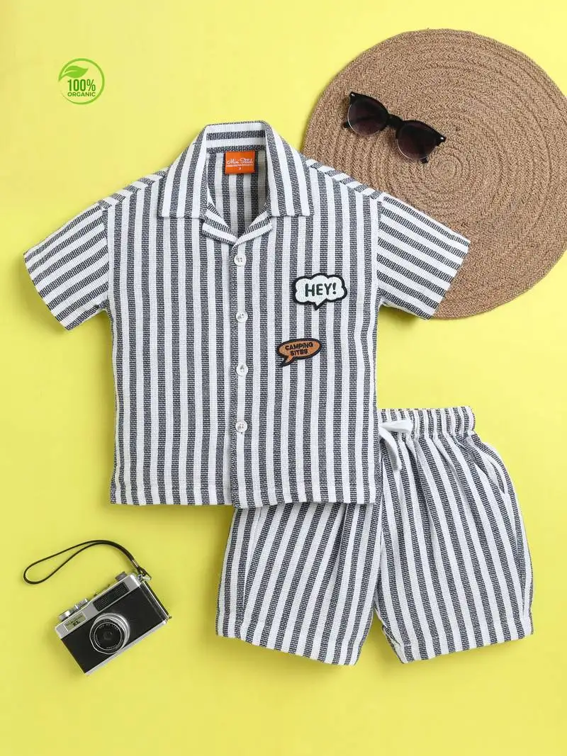 Blue organic cotton woven striped shirt and short set