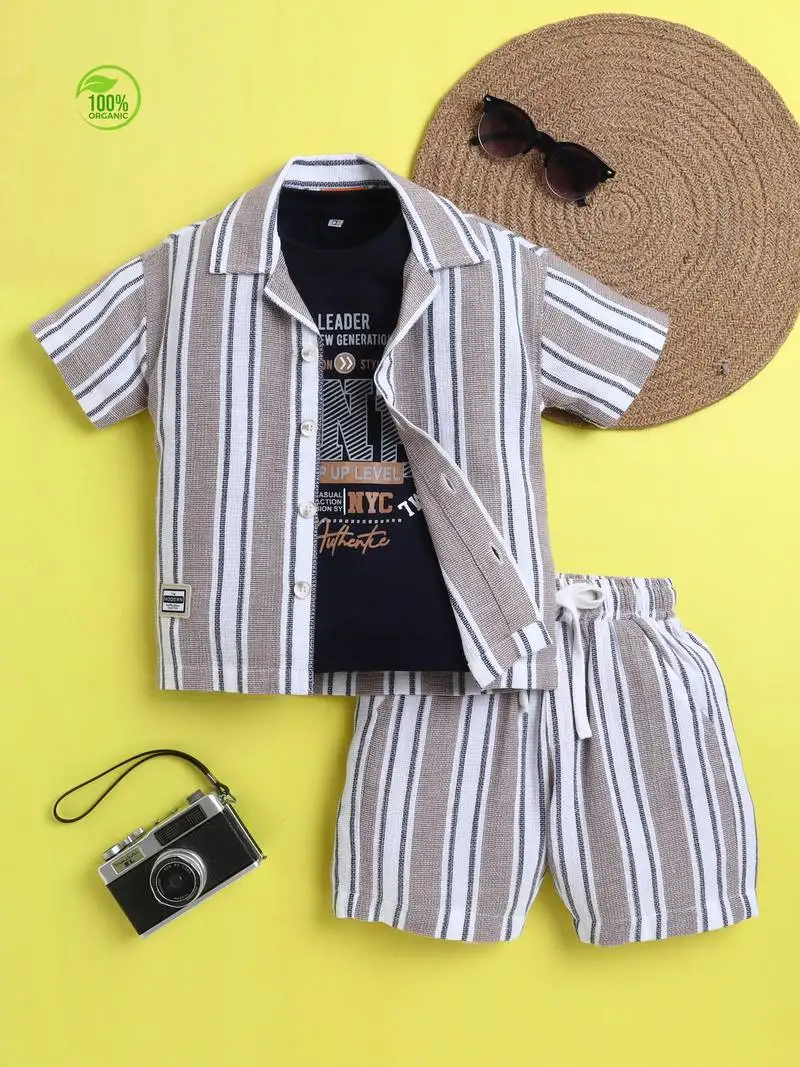 Beige organic cotton woven striped shirt and short set with solid tshirt
