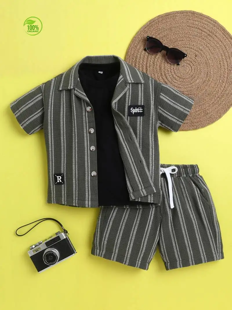 Olive organic cotton woven striped shirt and short set with solid tshirt