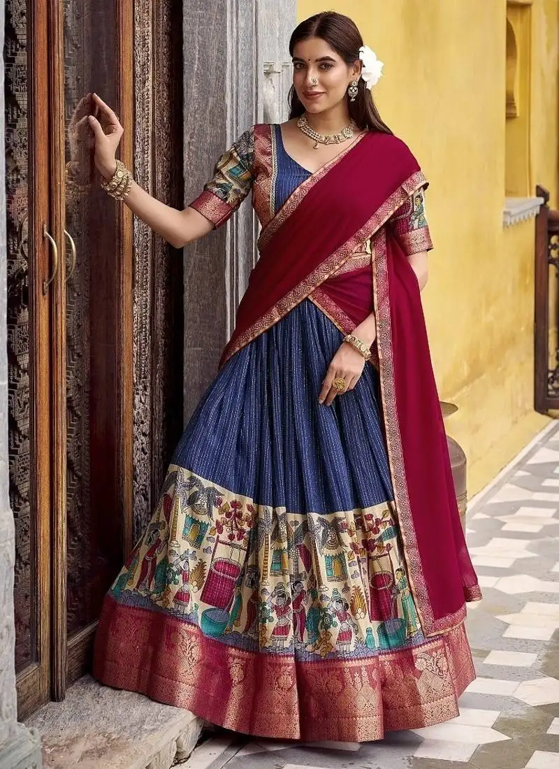 Navyblue poly chanderi with kalamkari printed with zari weaving work south style lehenga choli