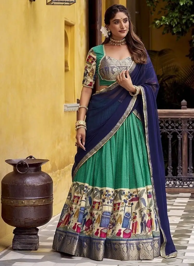 Bottlegreen poly chanderi with kalamkari printed with zari weaving work south style lehenga choli