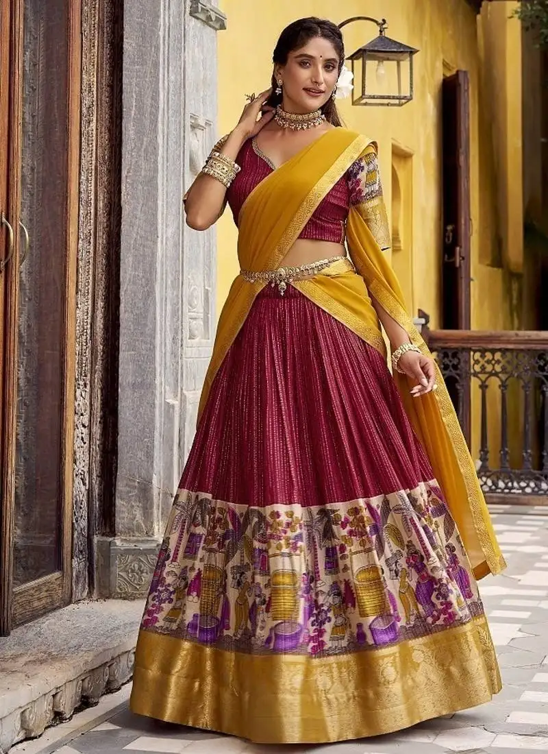 Red poly chanderi with kalamkari printed with zari weaving work south style lehenga choli