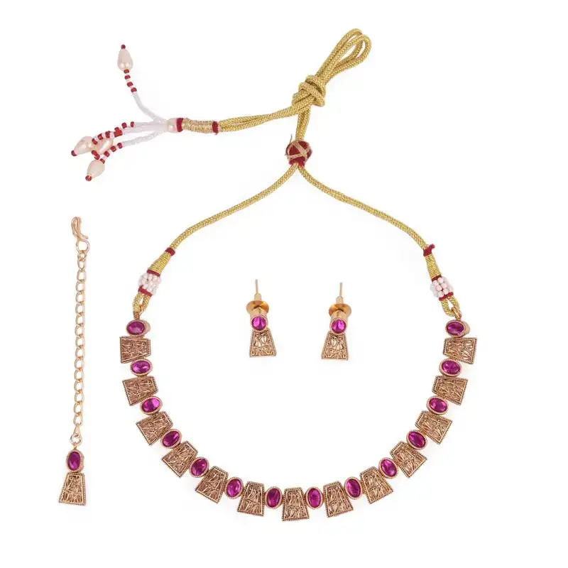 Ethnic rajwadi gold plated choker necklace set with maangtikka for women and girls