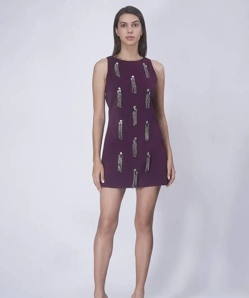Wine crepe embroidered short dress