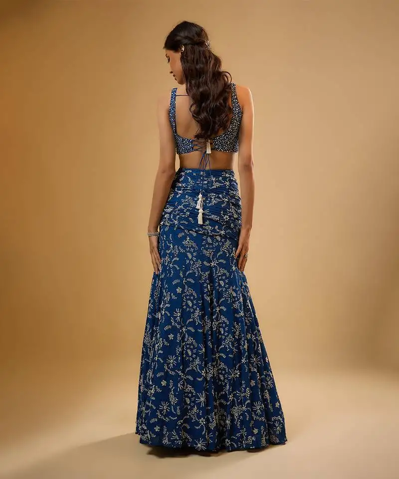 Blue floral printed georgette lehenga