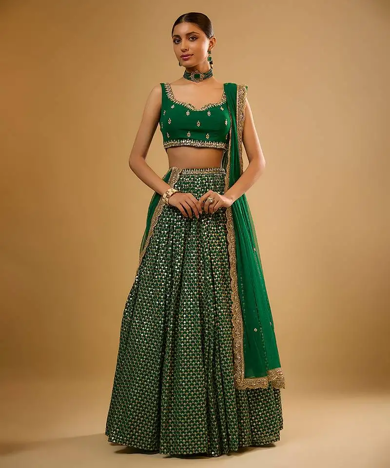 Green hand embroidered georgette lehenga