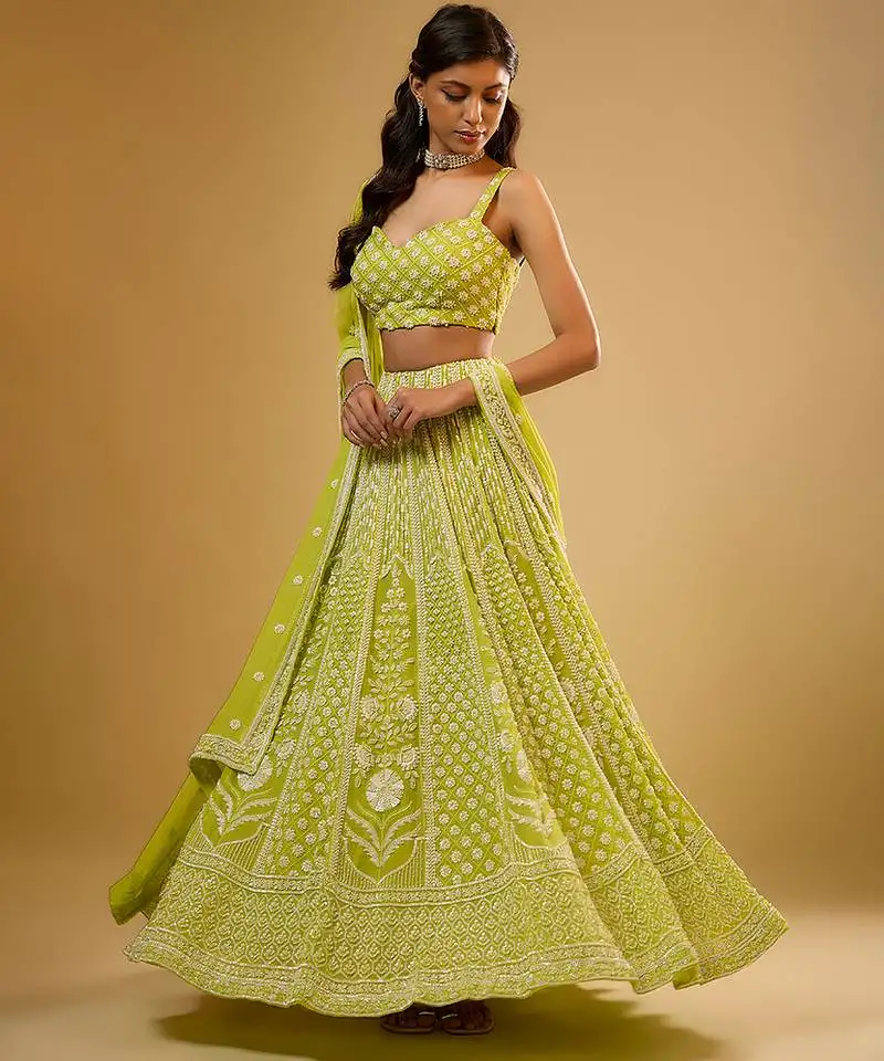 Green floral embroidered georgette lehenga