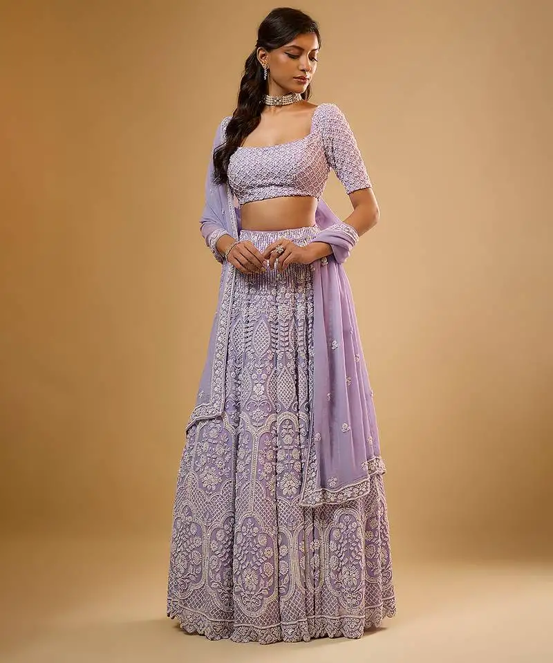 Purple floral embroidered georgette lehenga