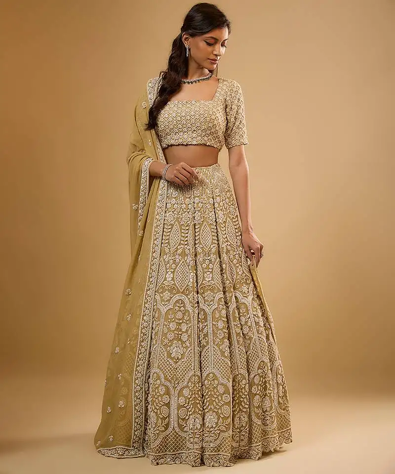 Gold floral embroidered georgette lehenga