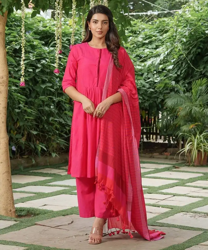 Plain dark pink cotton kurta set with striped dupatta -set of 3