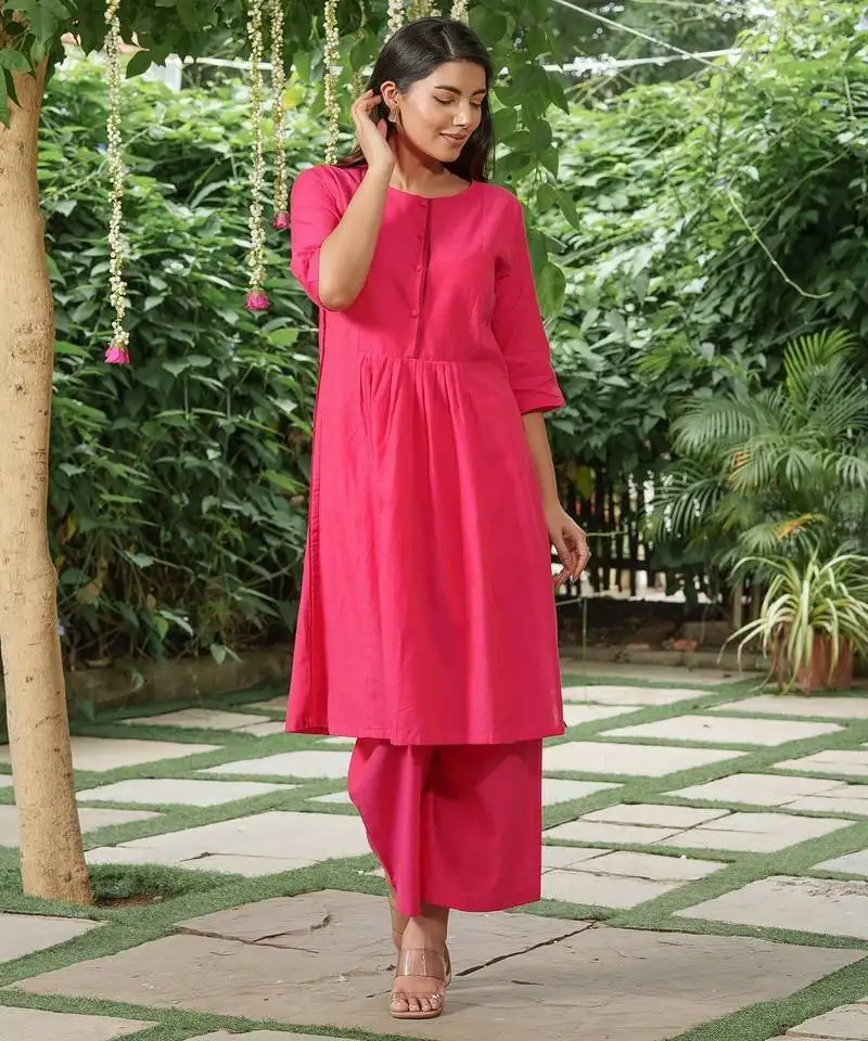 Plain dark pink cotton kurta with palazzos -set of 2
