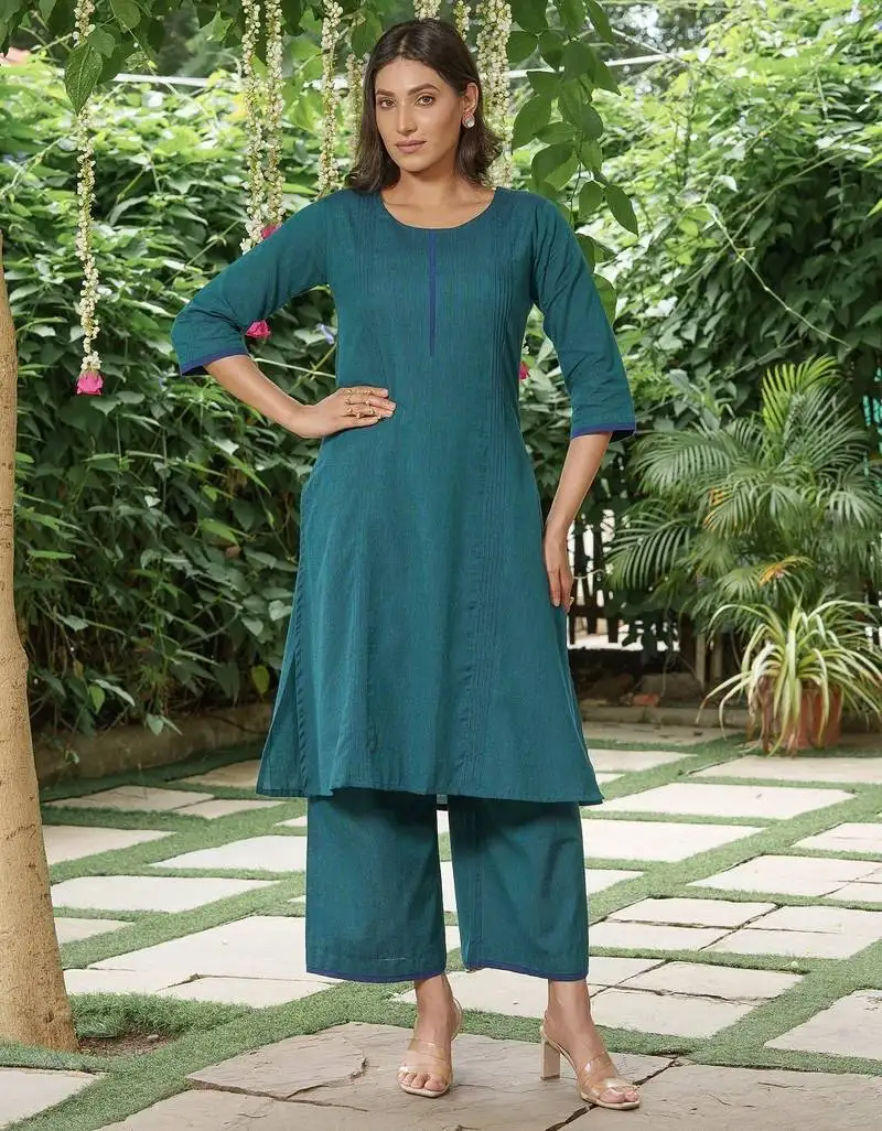 Pecock blue cotton kurta with palazzos - set of 2