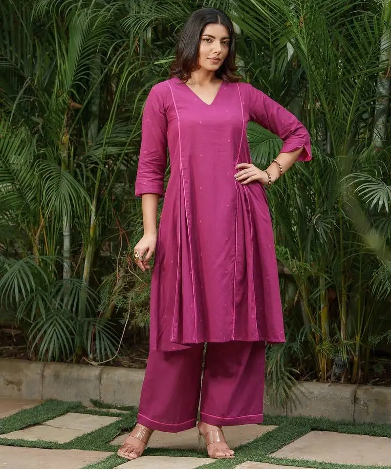 Purple pink buti kurta with purple palazzos set-set of 2