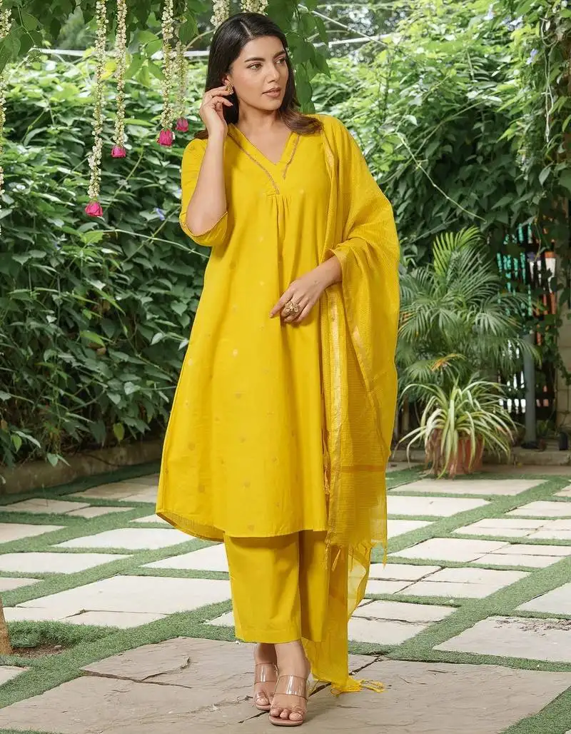 Yellow zari buti kurta ,plain palazzos with striped dupatta -set of 3