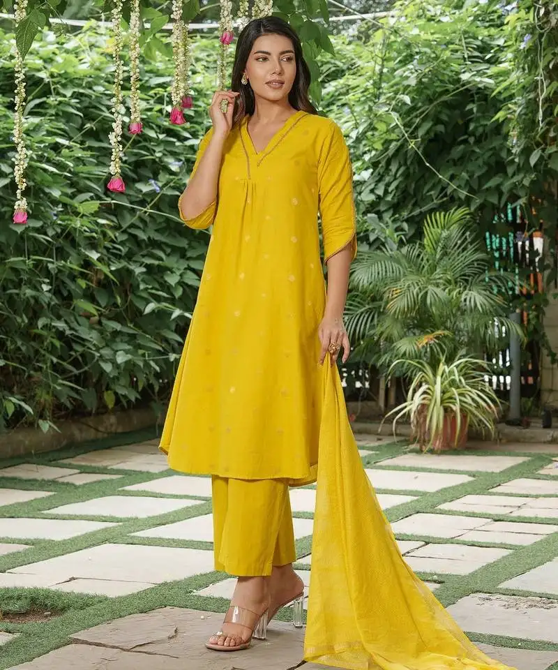 Yellow zari buti kurta ,cotton plain palazzos set -set of 2