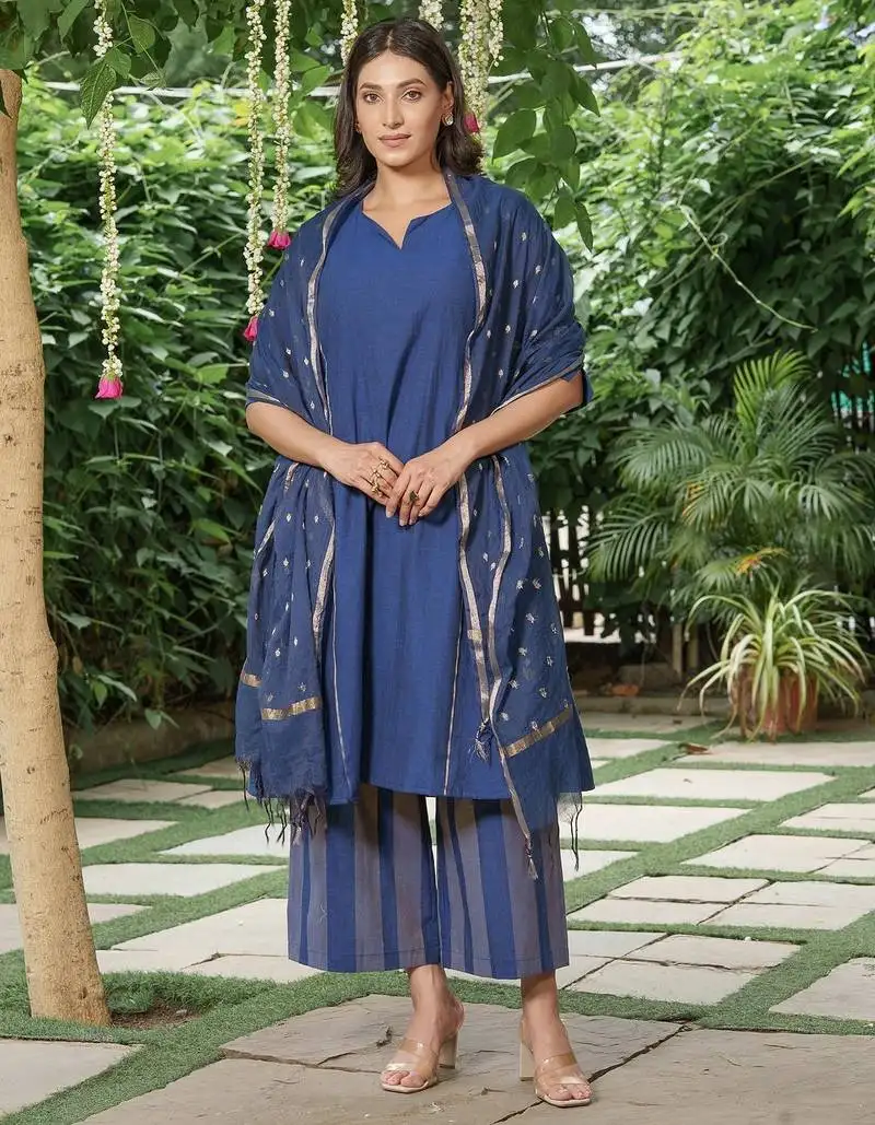 Navy blue cotton kurta, zari striped palazzos with dupatta set-set of 3