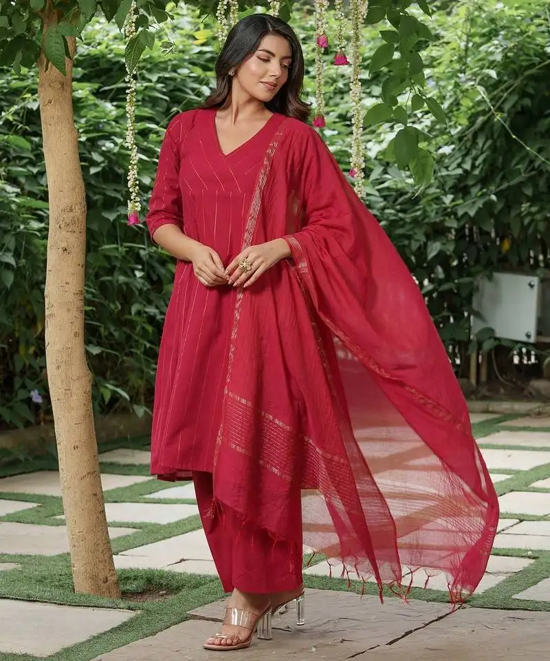 Red zari striped kurta with plain palazzos and zari dupatta set-set of 3