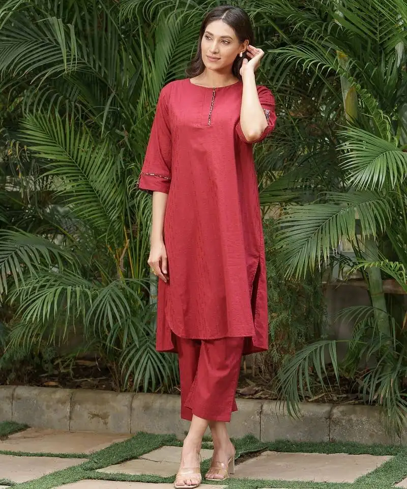 Red dobby kurta set with palazzos set-set of 2