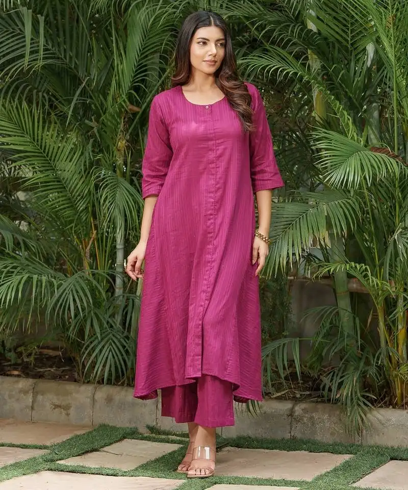 Magenta dobby cotton lurex kurta with palazzos set-set of 2