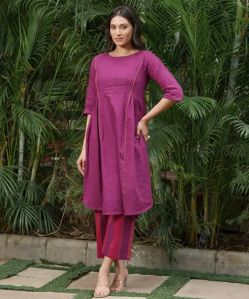 Dark purple cotton slub kurta,striped purple-maroon palazzos set- set of 2