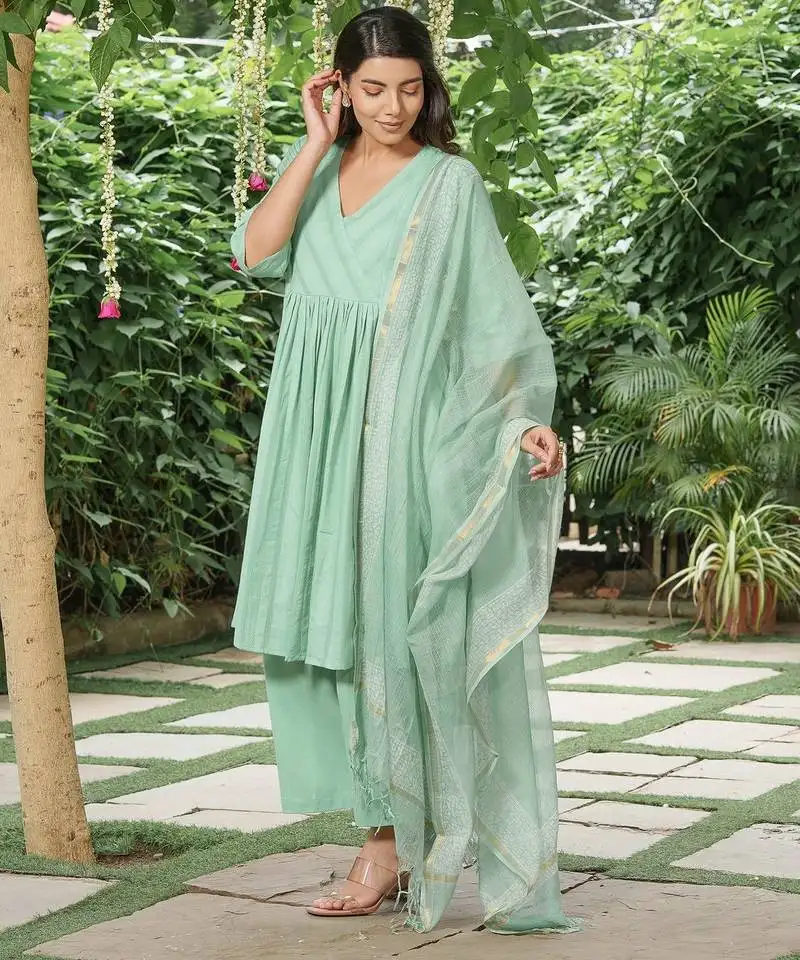 Sea-green cotton dobby kurta,cotton flex palazzos with kota doria dupatta set-set of 3