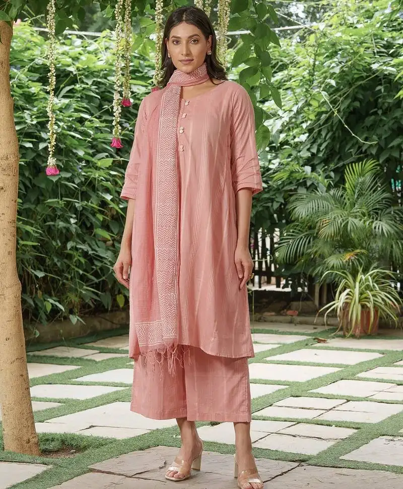Dusty pink cotton dobby kurta,palazzos with kota doria dupatta set-set of 3