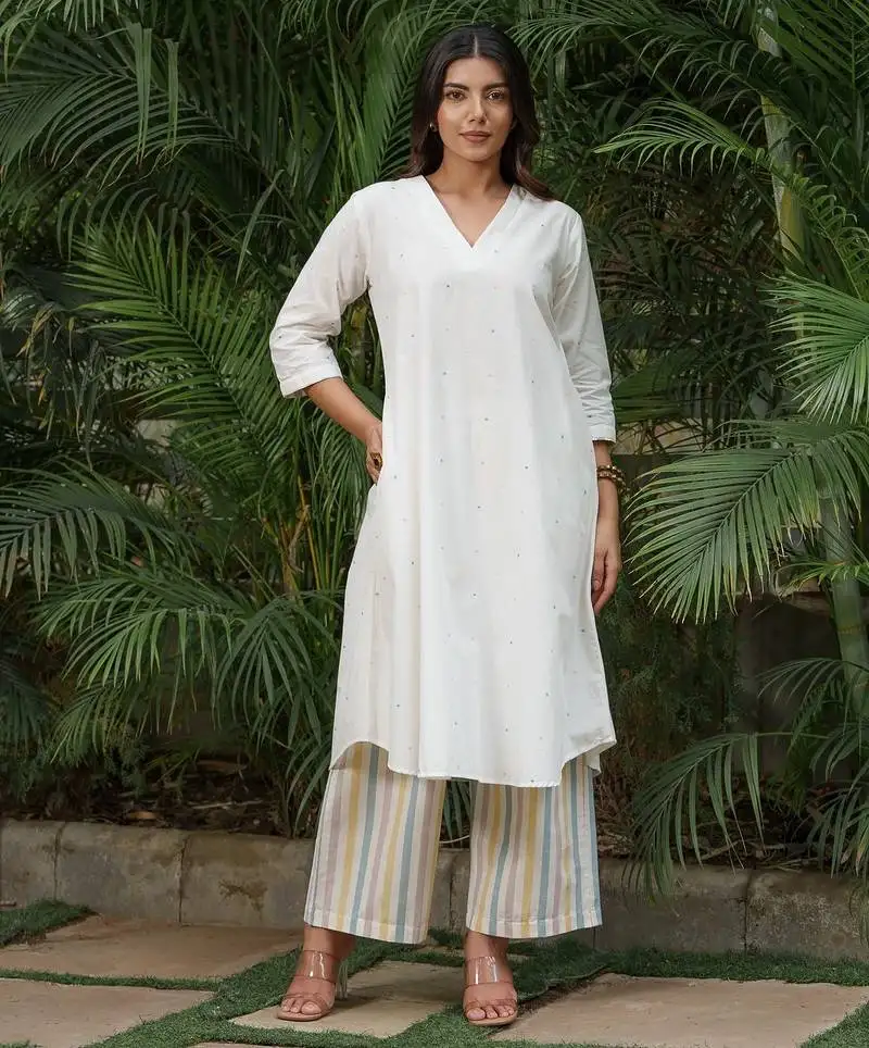 White cotton polka dobby kurta with stripes palazzos set-set of 2
