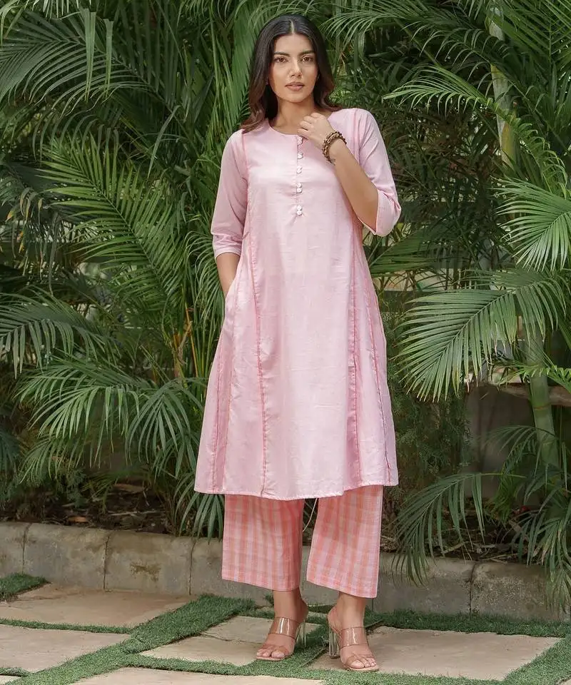 Light pink cotton kurta with checkered palazzos set-set of 2