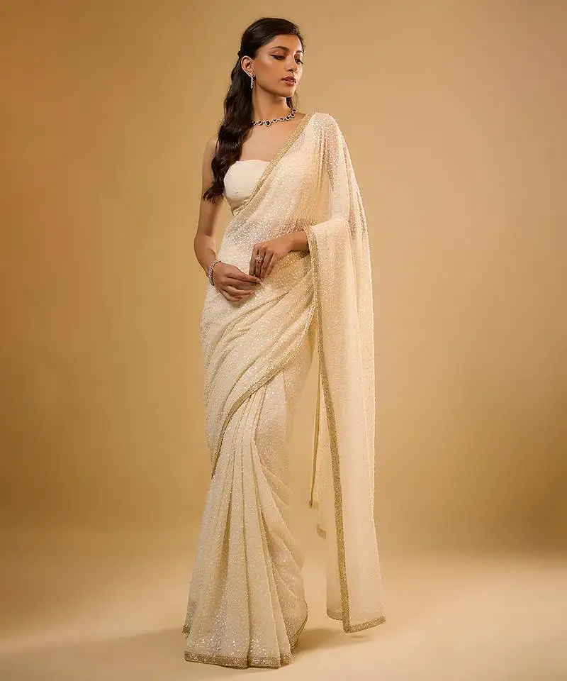 Ivory embroidered georgette saree
