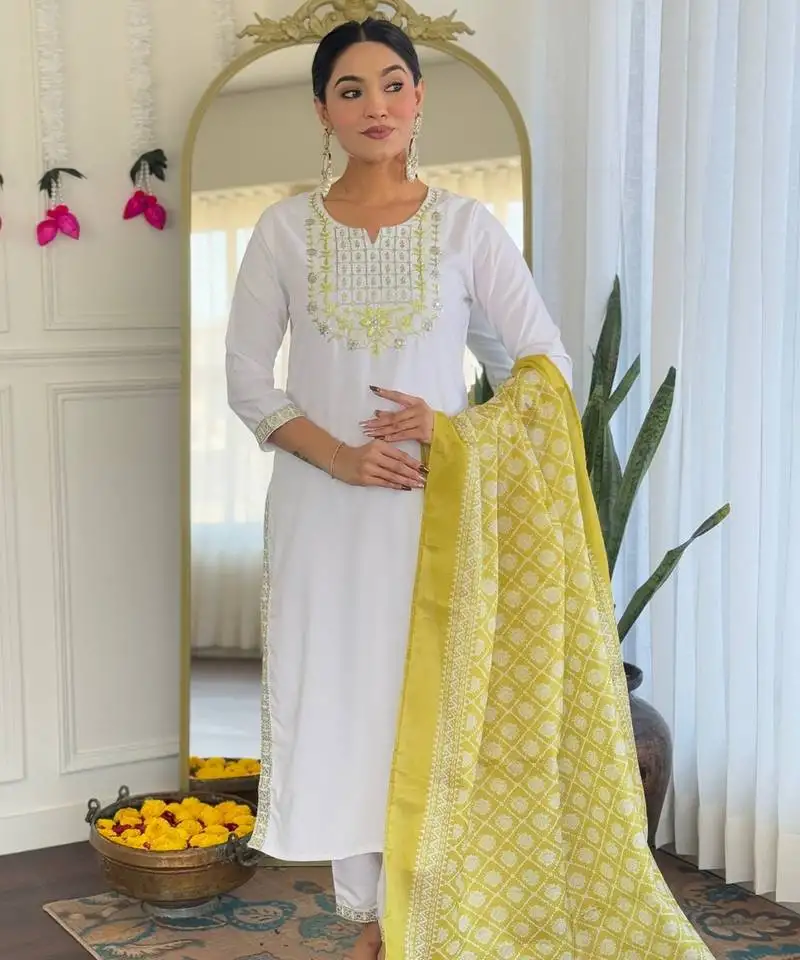 White color viscose fabric designer embroidered readymade kurta set with dupatta