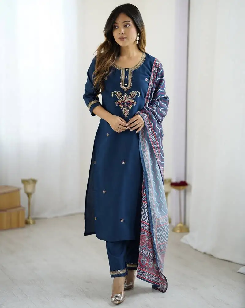 Teal blue color chanderi fabric beautiful and ethnic readymade kurta set