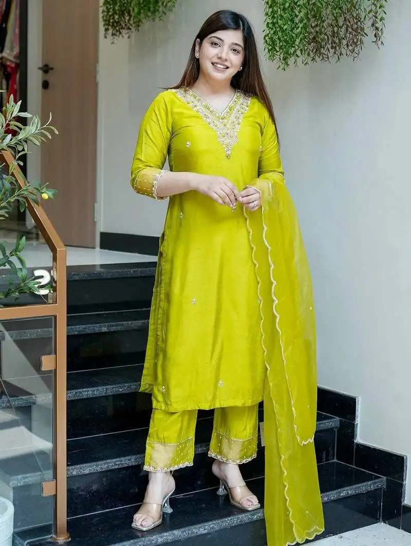 Yellow color viscose chanderi fabric beautiful and ethnic readymade kurta set