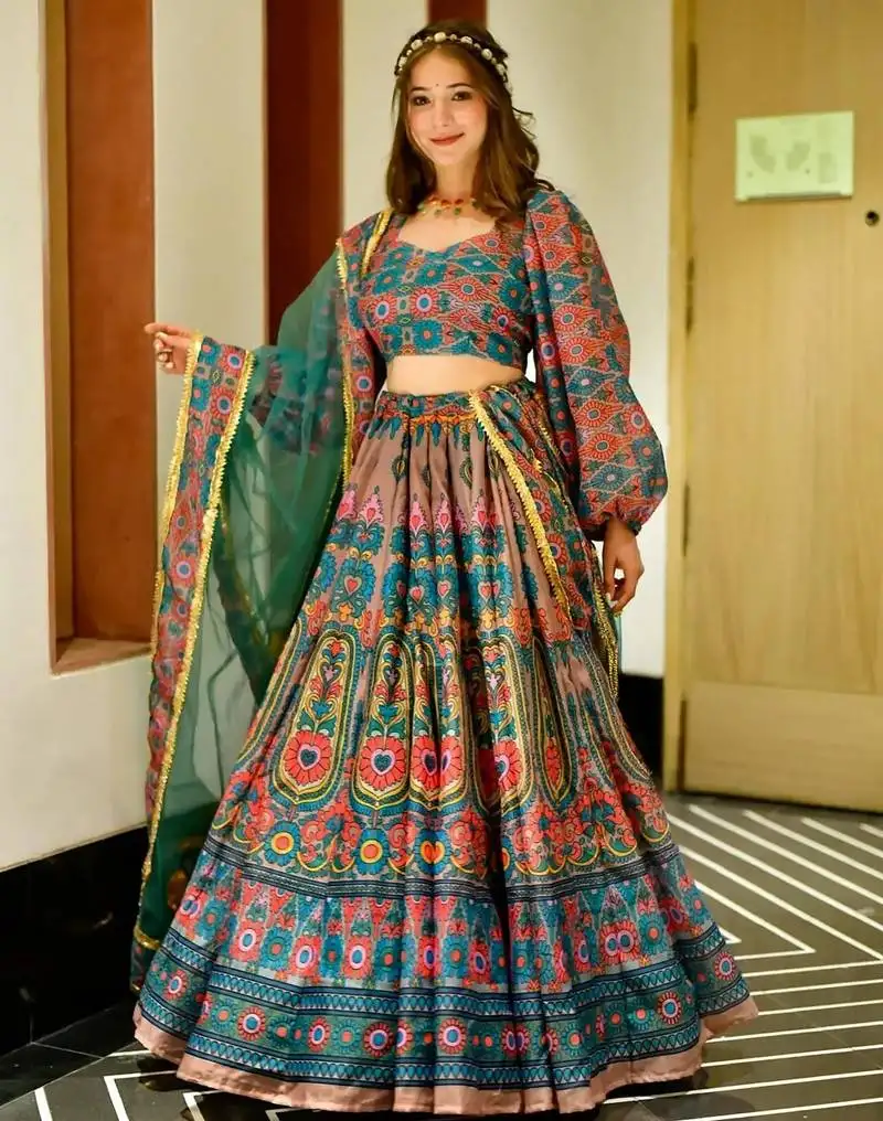 Blue color ethnic and graceful ceremonial wear designer printed lehenga