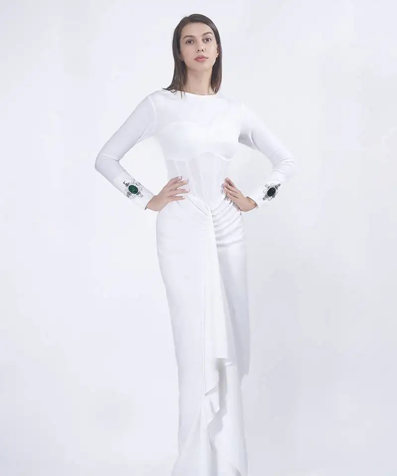 White crepe plain long dress