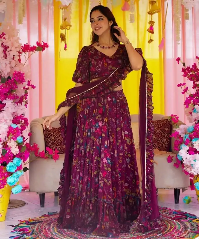 Wine color air tex chinon fabric glamorous ethnic crop top lehenga for trendy looks