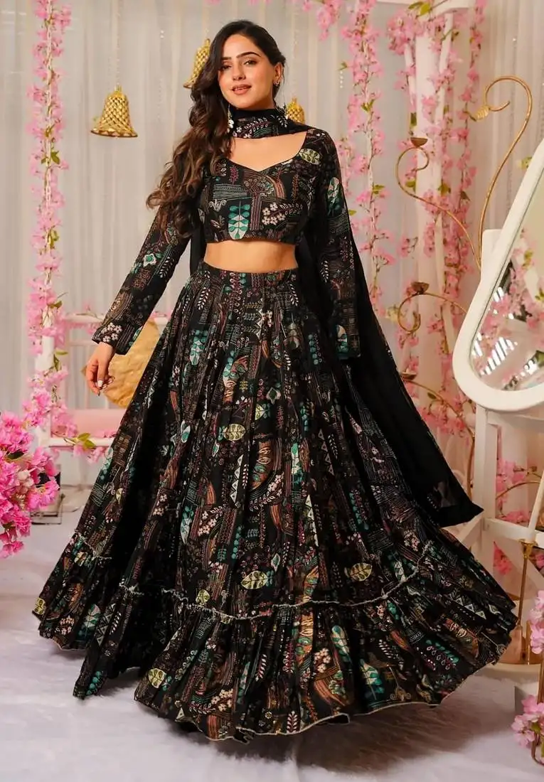Black color air tex chinon fabric glamorous ethnic crop top lehenga for trendy looks