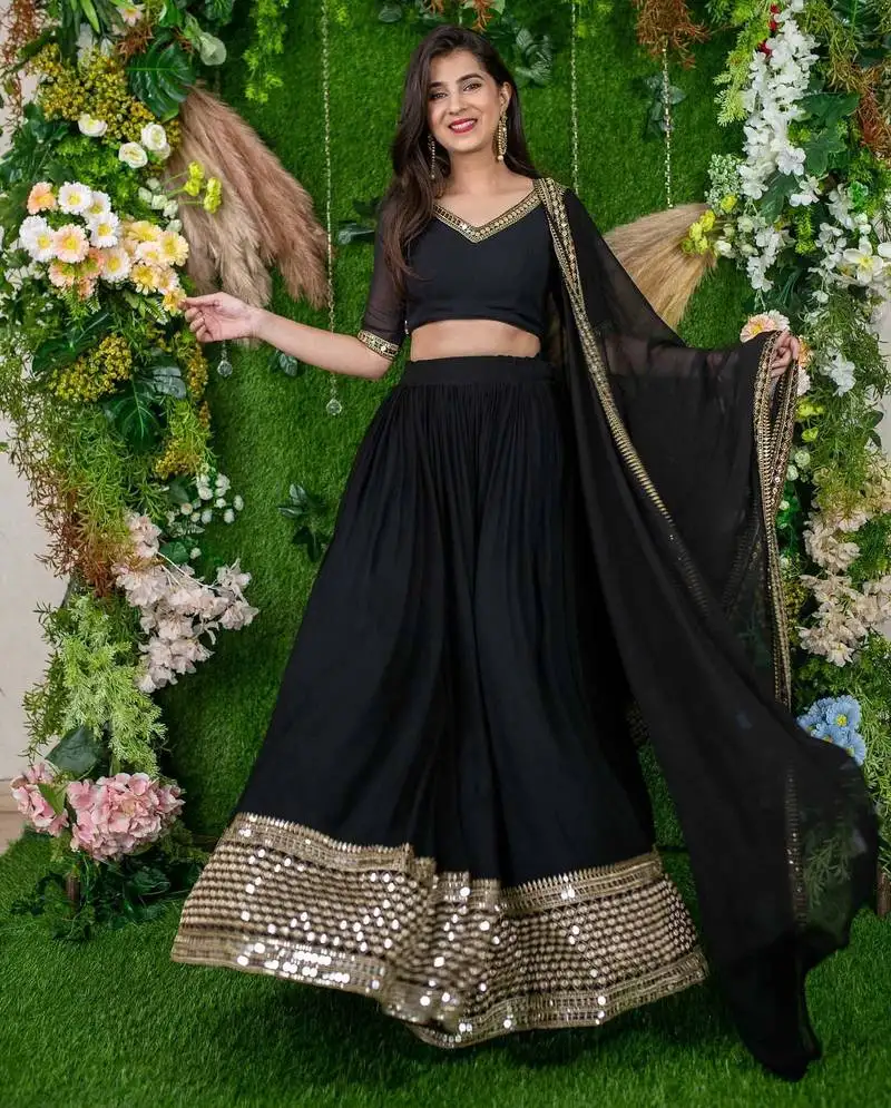 Black color georgette fabric heavy wedding wear bridesmaid style lehenga choli